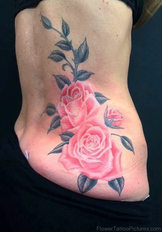 Cute Pink Rose Tattoos On Lower Back
