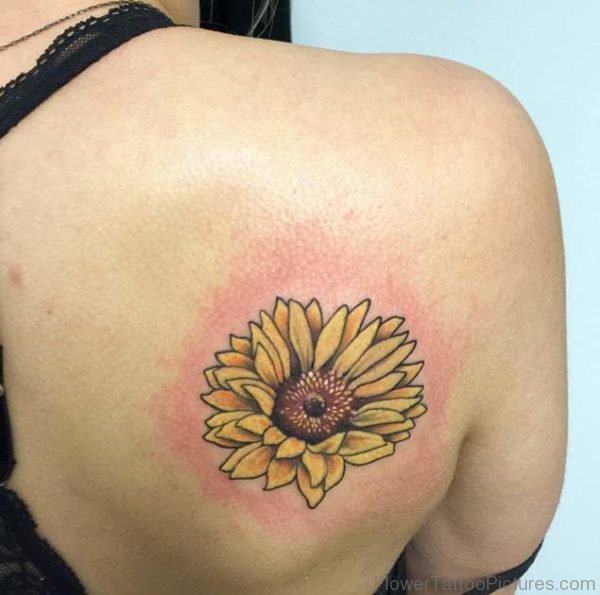 Cute Sunflower Tattoo On Back Shoulder