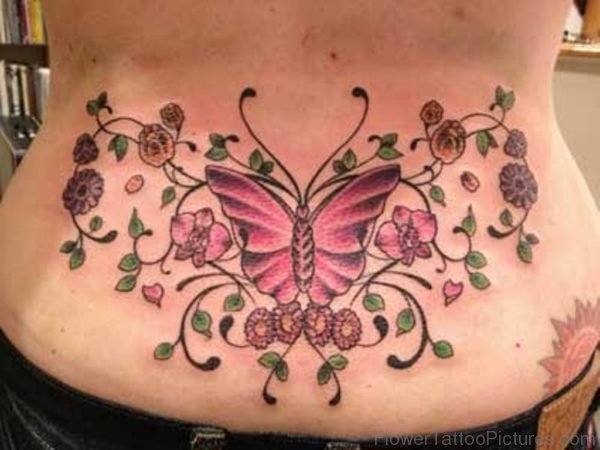 Flower and Butterfly Lower Back Tattoo design
