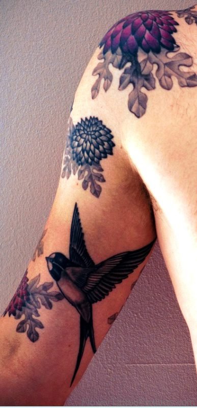 Flying Bird And Alpine Thistle Tattoo