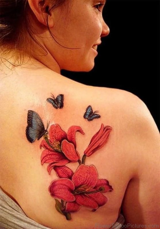 Flying Butterflies And Flowers Tattoo On Upper Back