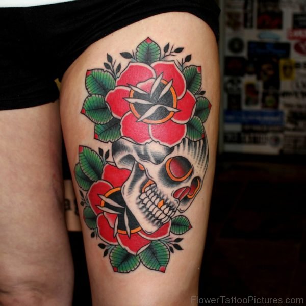Funky Skull And Rose Tattoo