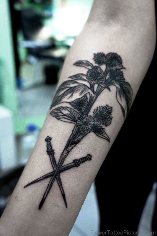Grey Alpine Thistle Flower Tattoo On Ar