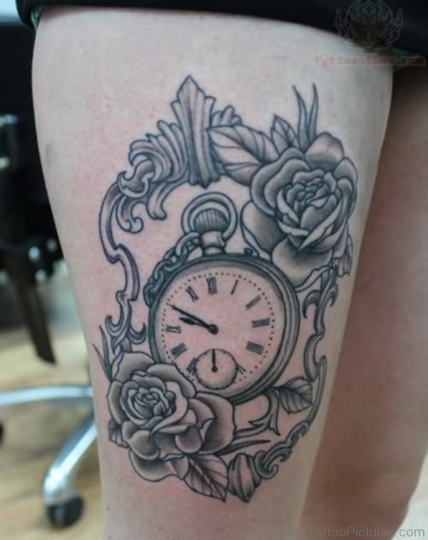 Grey Clock And Compass Tattoo