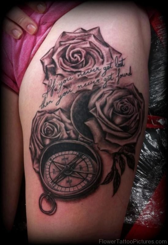 Grey Ink Roses And Clock Tattoo