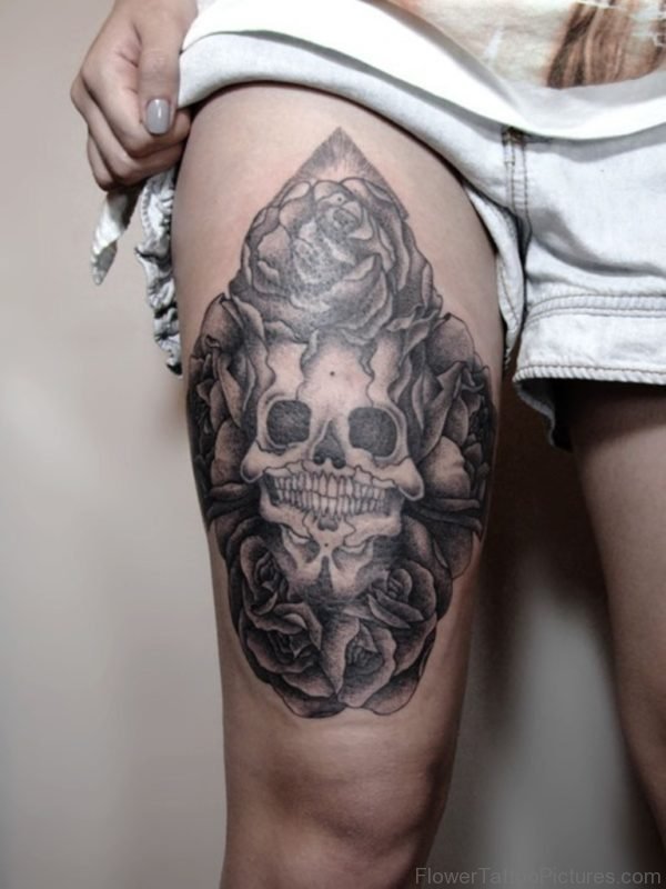 Grey Skull And Rose Tattoo