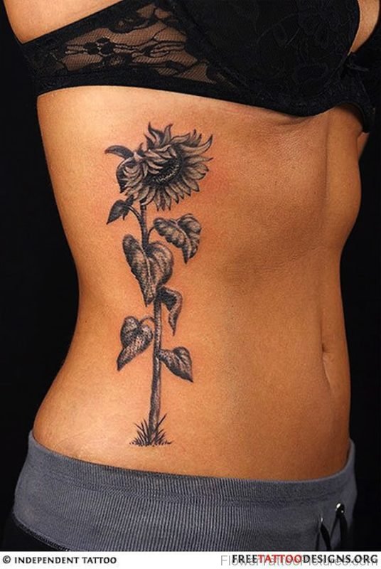 Grey Sunflower Tattoo On Rib