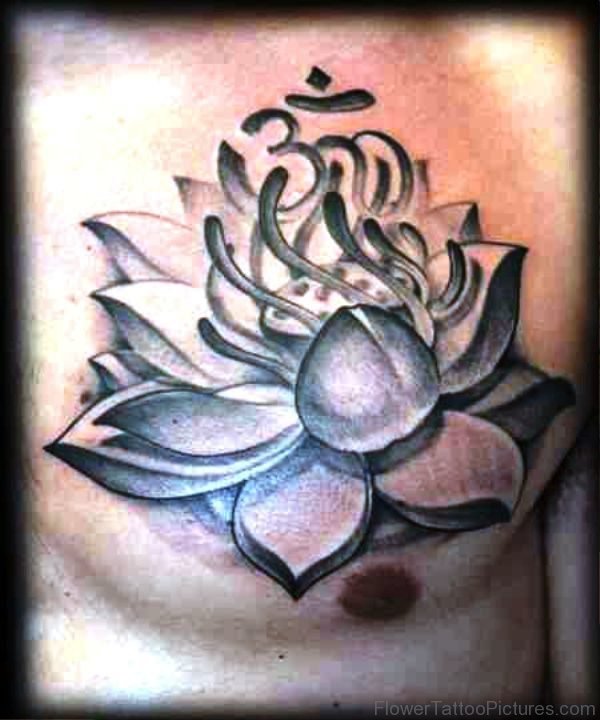 Hindu Om And Lotus Tattoo On Chest