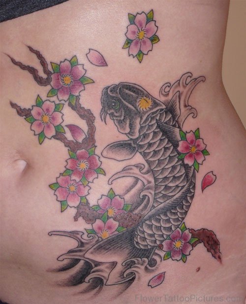Koi Fish And Cherry Blossom Tattoo On Back