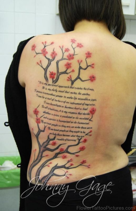 Lettering And Cherry Blossom Tattoo