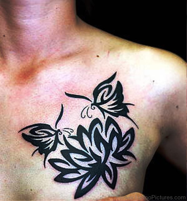 Lotus Flower And Butterflies Tattoos On Chest