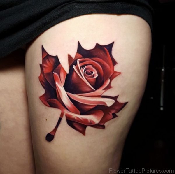 Maple Leaf Rose Thigh Tattoo