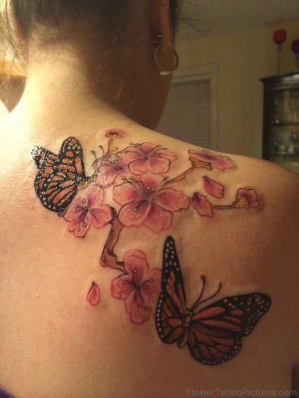 Monarch Butterfly And Cherry Blossoms Tattoo