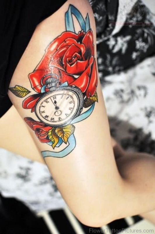 Nice Clock And Rose Tattoo
