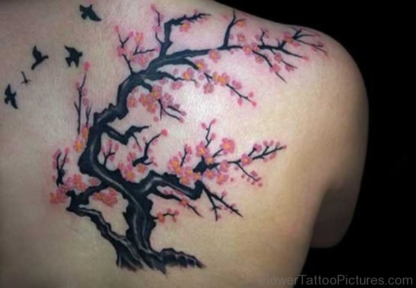 Nice Colored Cherry Blossom Tree Tattoo Design