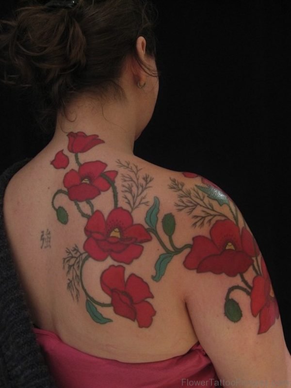 Nice Poppy Flower Tattoo On Back