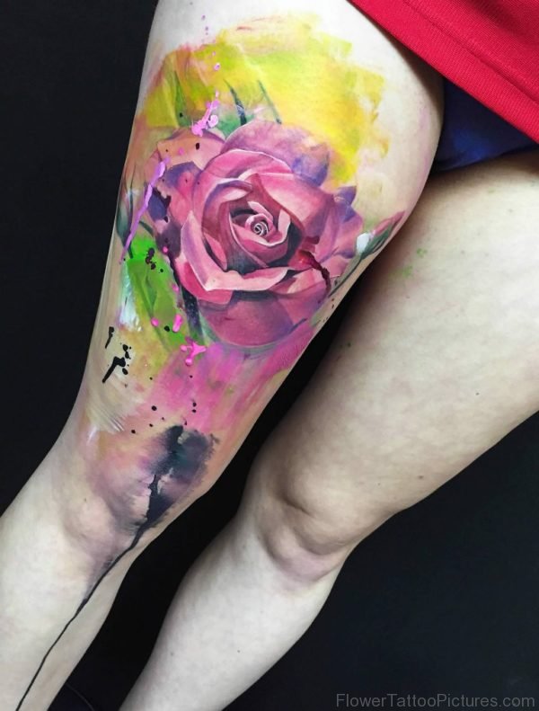 Nice Rose Tattoo On Thigh
