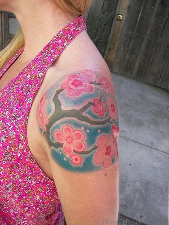 Pink Cherry Blossom Fowers On Left Shoulder