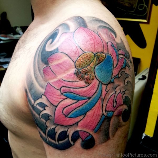 Pink Flower Tattoo On Left Shoulder