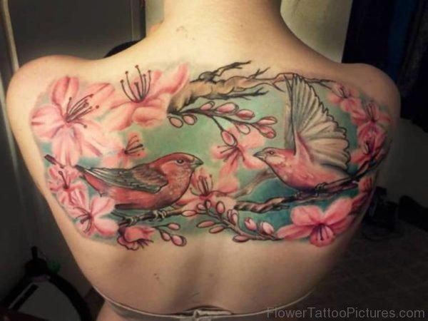 Pink Love Bird And Flower Tattoo For Women Upper Back
