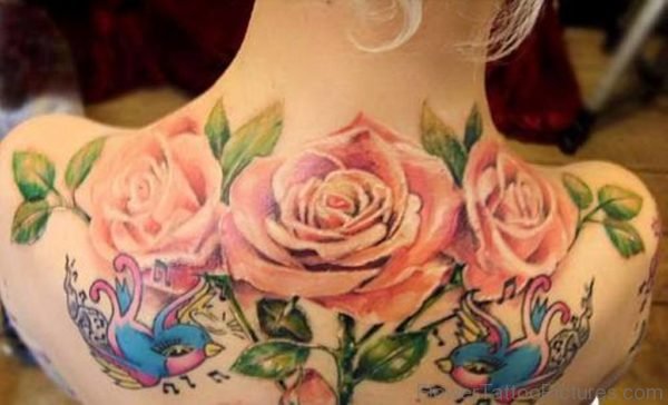 Pink Rose Tattoos On Upperback