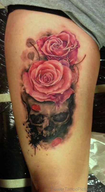 Pink Roses On Skull Tattoos On Thigh
