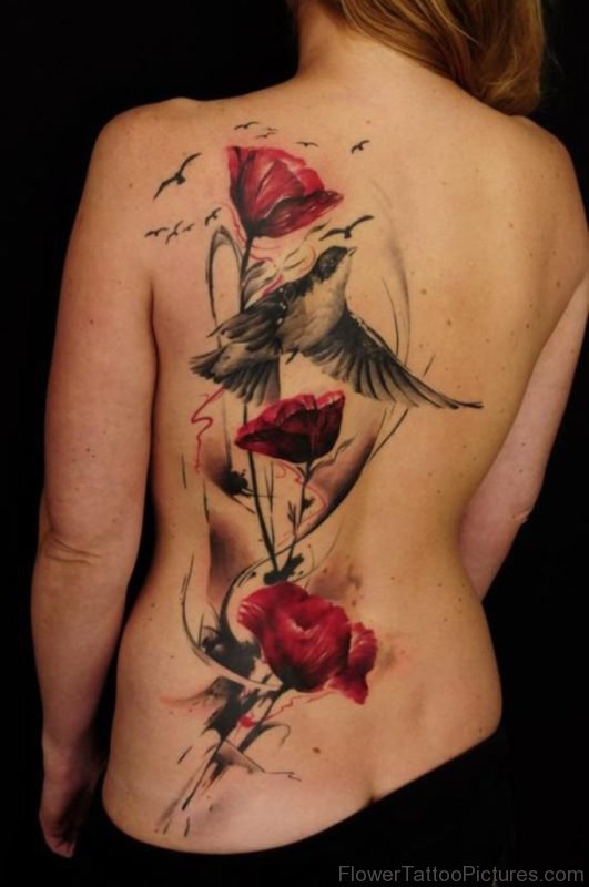 Poppy With Soaring Bird Back Tattoo