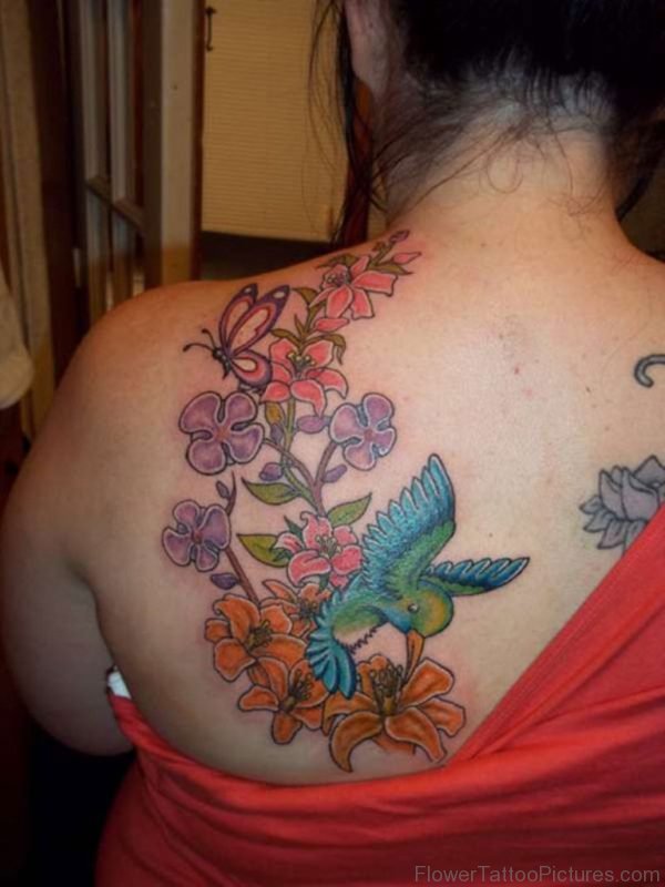 Pretty Flowers And Bird Tattoo