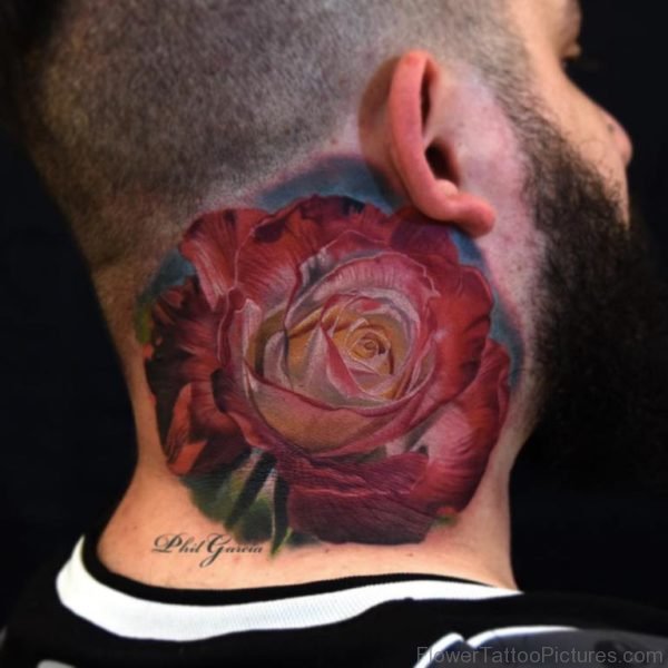 Realistic Rose Tattoo On Man Neck