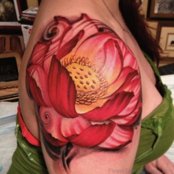 Red Flower Shoulder Tattoo On Right Shoulder