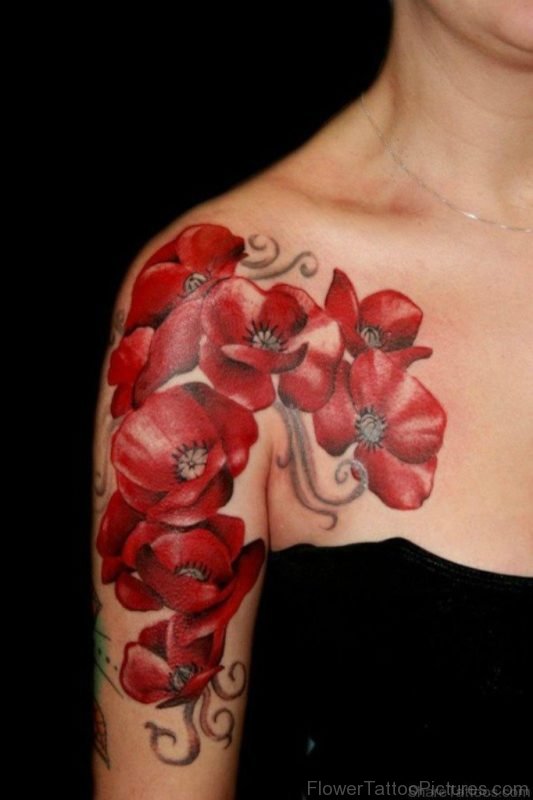 Red Magnolia Tattoo On Shoulder