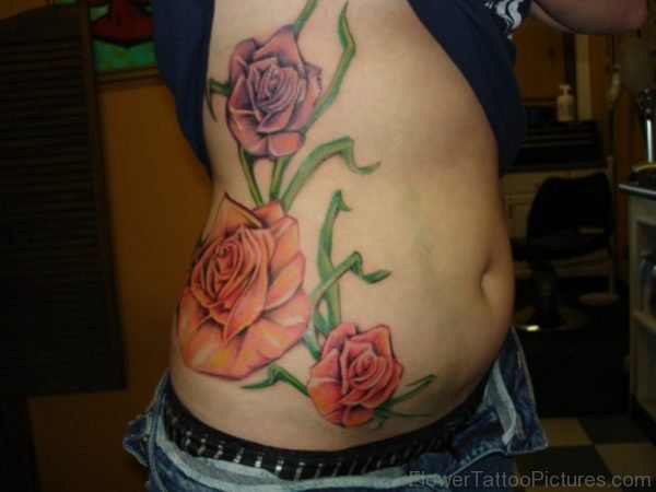 Red Rose Rose Tattoo On Rib
