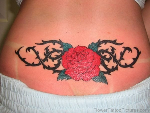 Red Rose Tattoo On Lower Back