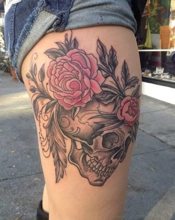 Rose And Skull Tattoo Design On Thigh