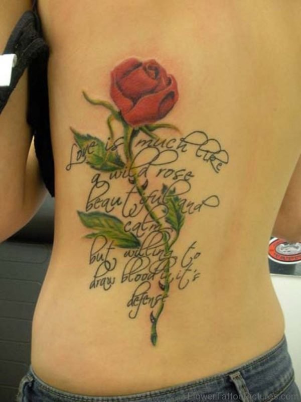 Rose And Wording Tattoo On Rib