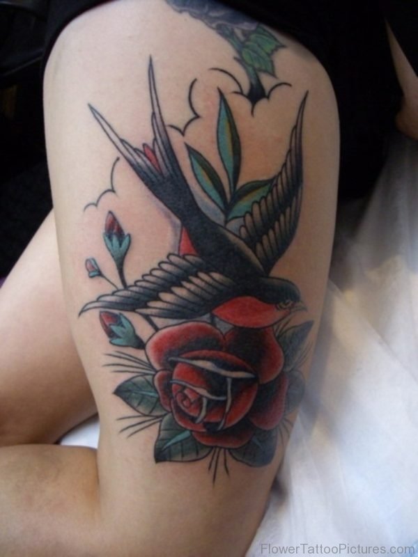 Rose Swallow Tattoo On Thigh