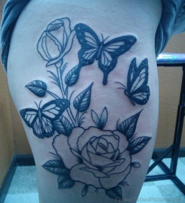 Rose With Butterfly Tattoo On Thigh