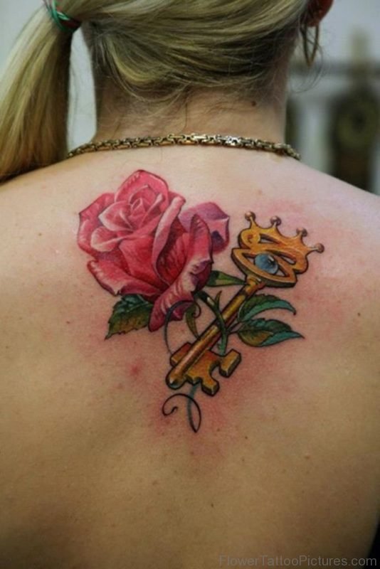 Rose With Key Tattoo On Upper Back