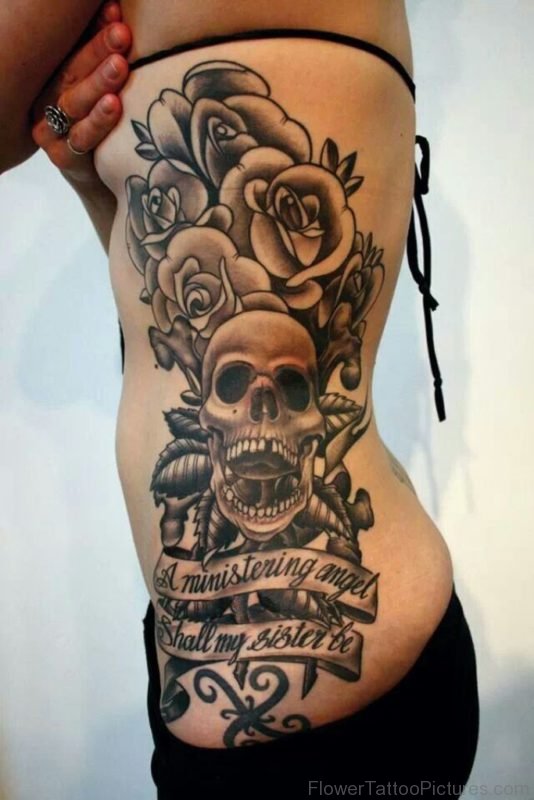 Skull And Rose Tattoo On Rib