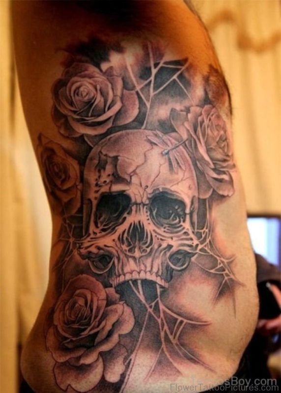 Skull And Rose Tattoo On Rib Image