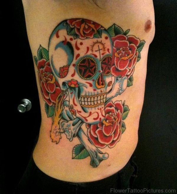 Sugar Skull Roses Tattoo On Side Rib