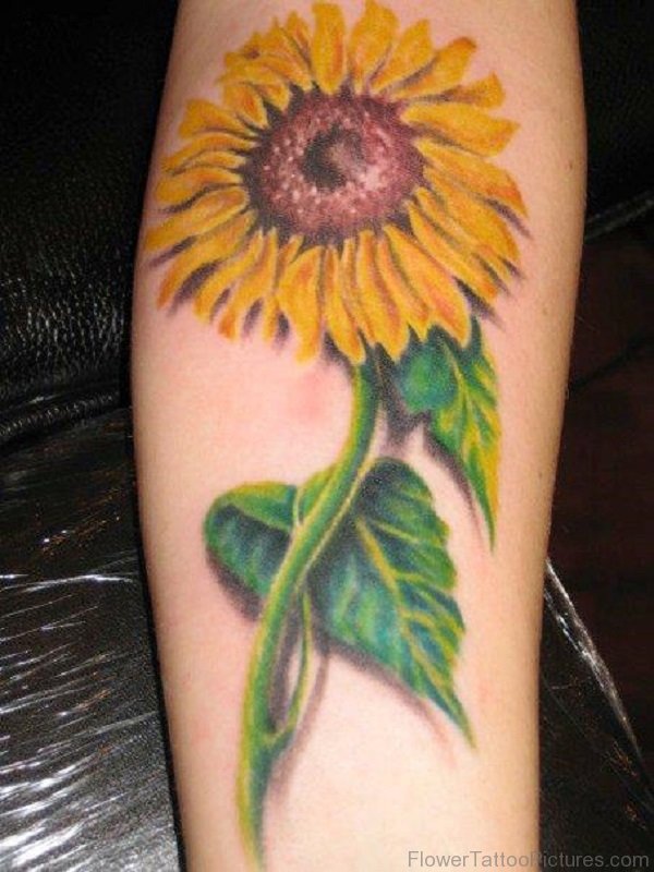 Sunflower With Green Leaves Tattoo