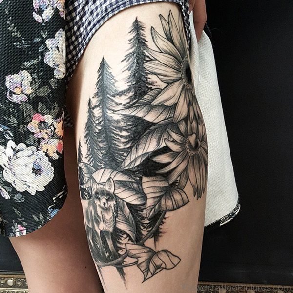 Sunflower With Wolf And Trees Tattoo