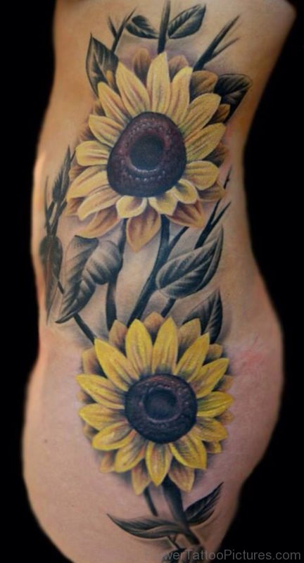 Sunflowers Tattoo With Grey Leaves