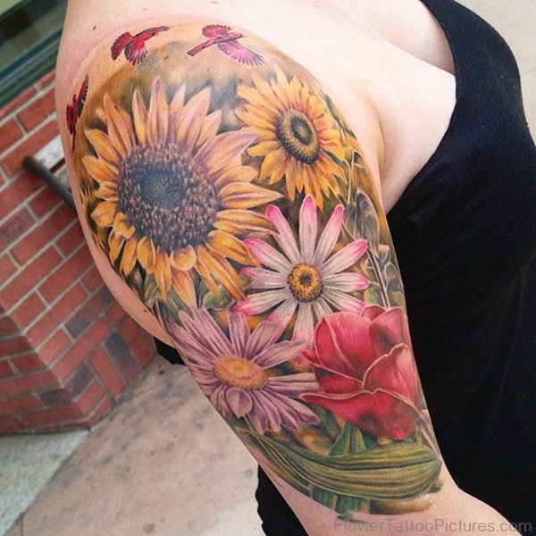 Sunflowers With Flowers Tattoo On Shoulder