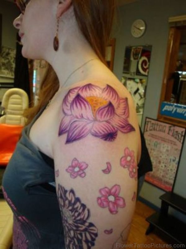 Sweet Lotus Tattoo On Left Shoulder Tattoo