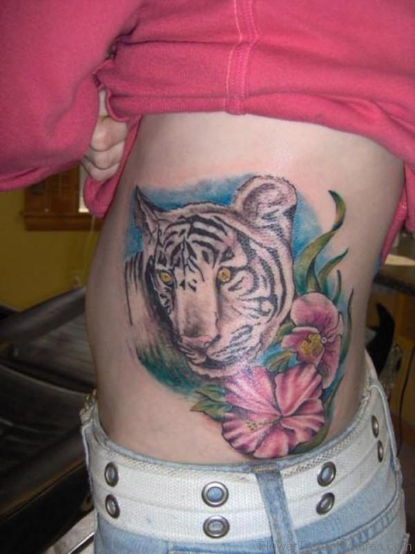Tiger And Lily Flower Tattoo On Lower Back