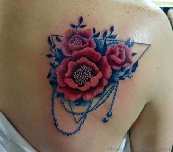 Traditional Aqua Flower Tattoo Design In Upper Back