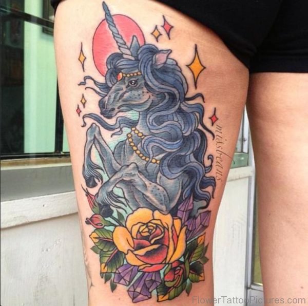 Unicorn And Yellow Rose Tattoos On Thigh