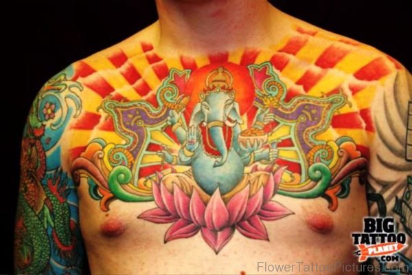 Unique Ganesha On Lotus Tattoo On Man Chest